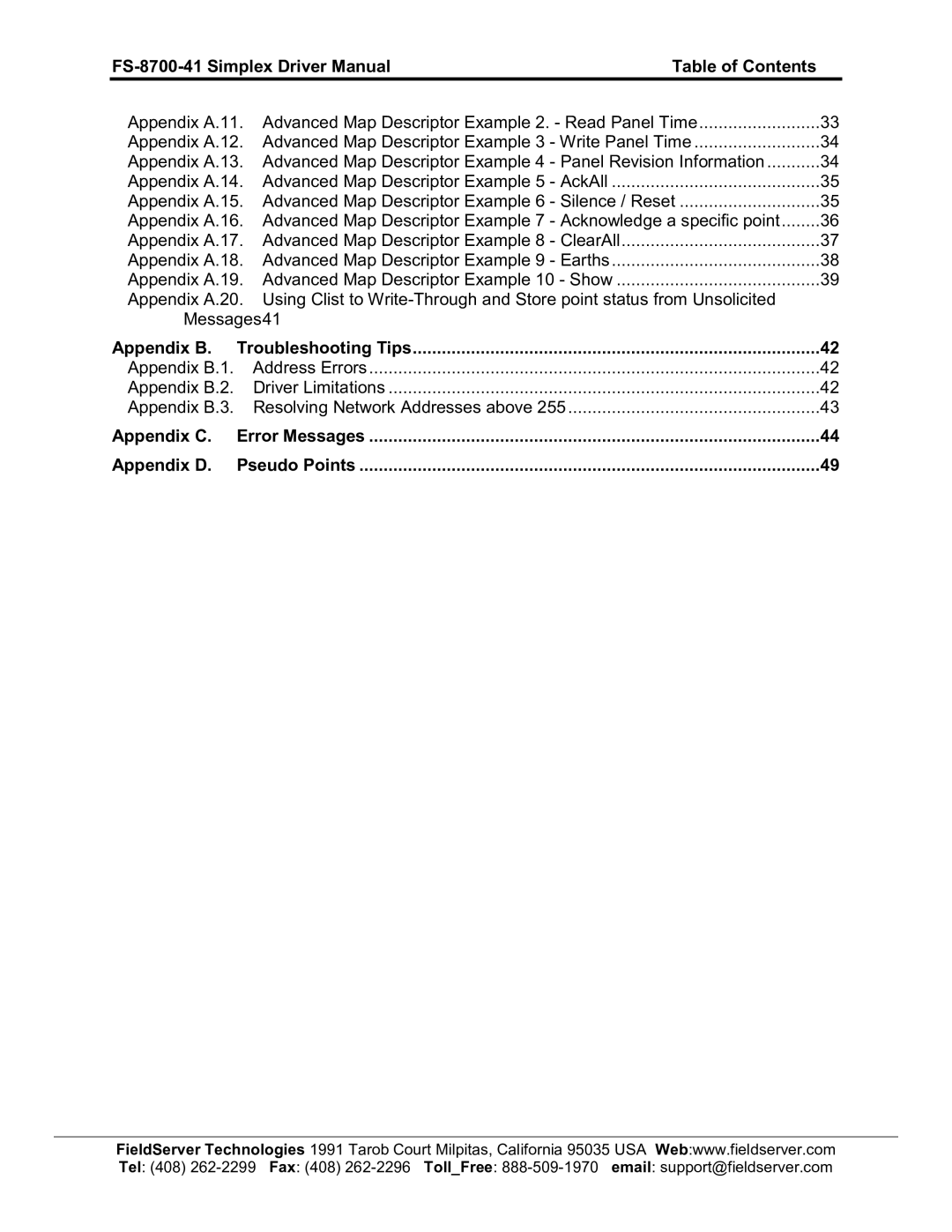 FieldServer FS-8700-41 AppendixB.1, AppendixB.2, AppendixB.3 ResolvingNetworkAddressesabove255 Appendix C, Appendix D 