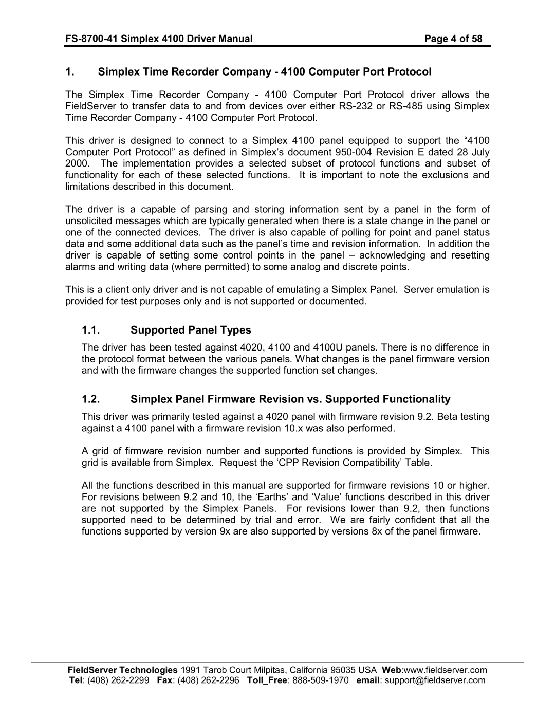 FieldServer FS-8700-41 instruction manual Simplex Time Recorder Company 4100 Computer Port Protocol, Supported Panel Types 