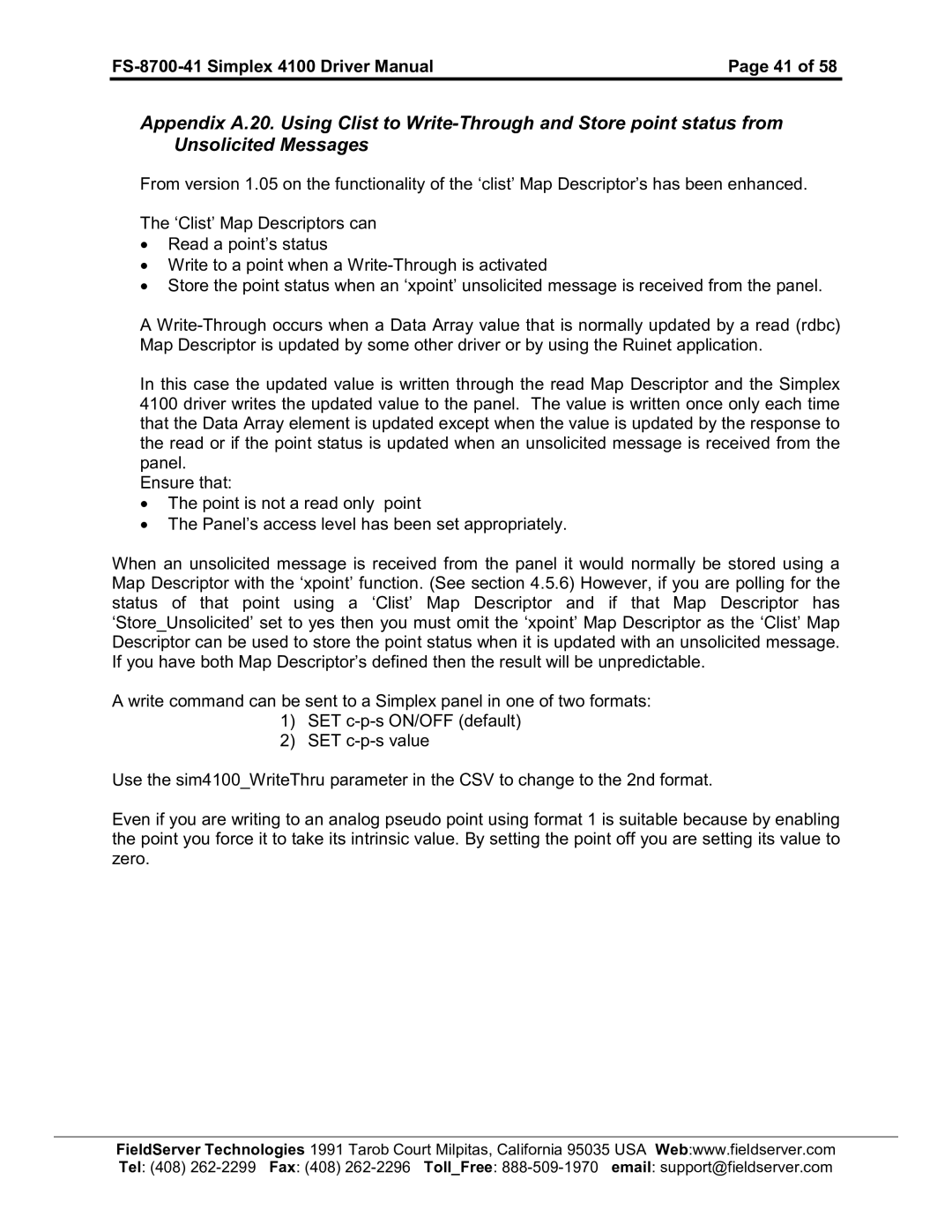 FieldServer instruction manual FS-8700-41 Simplex 4100 Driver Manual 