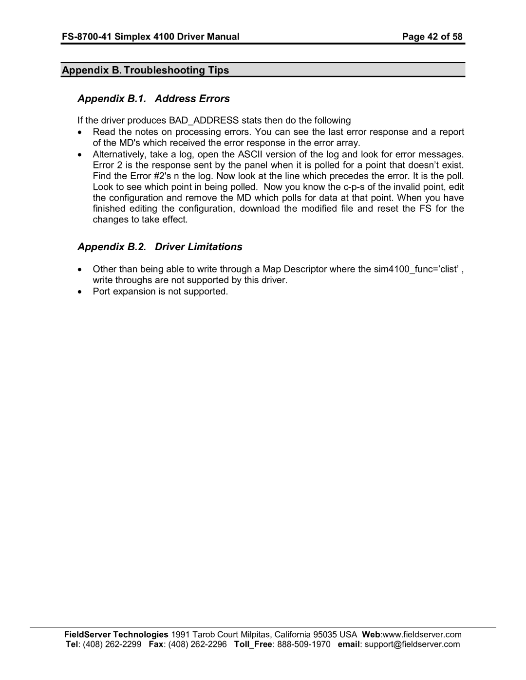 FieldServer instruction manual Appendix B.2. Driver Limitations, FS-8700-41 Simplex 4100 Driver ManualPage 42 