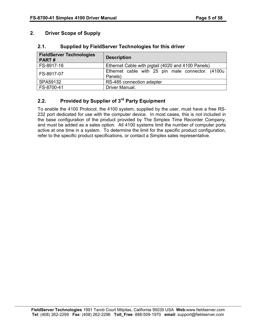 FieldServer FS-8700-41 instruction manual Provided by Supplier of 3rd Party Equipment 