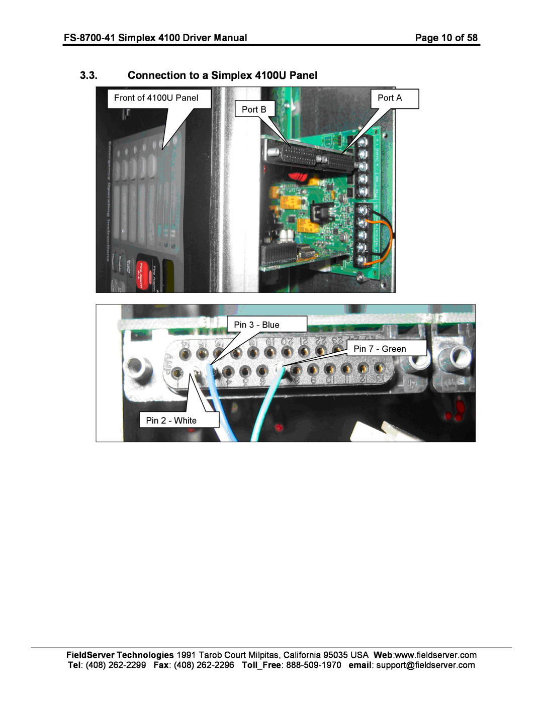 FieldServer instruction manual Connection to a Simplex 4100U Panel, FS-8700-41 Simplex 4100 Driver Manual, Page 10 of 