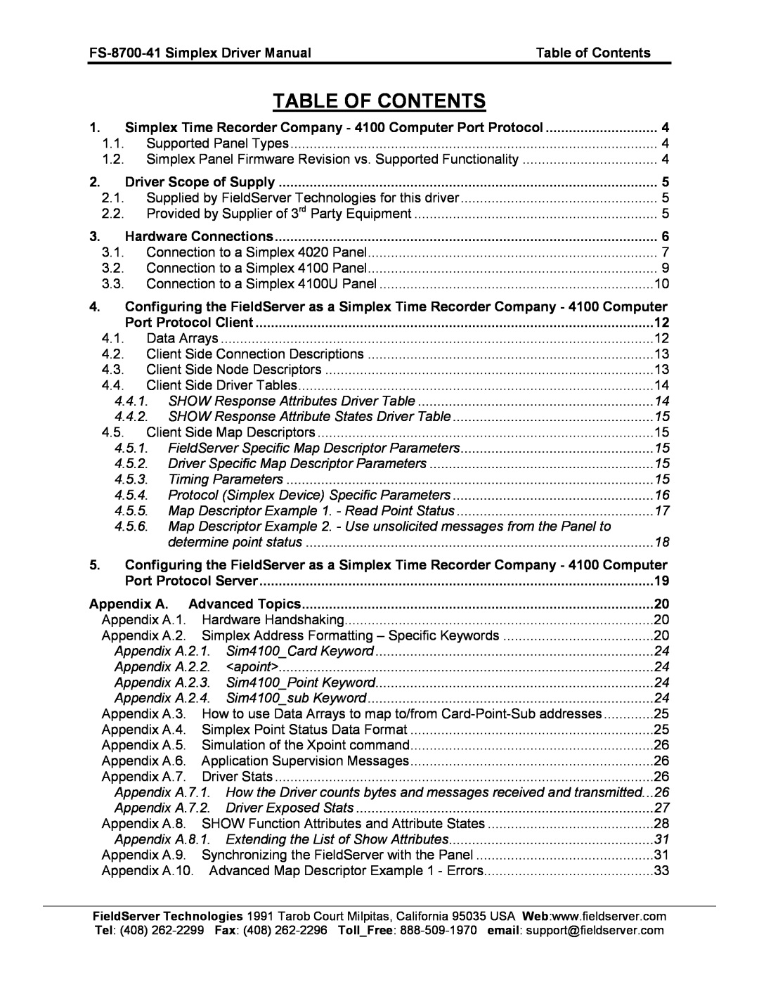 FieldServer FS-8700-41 instruction manual Table Of Contents 