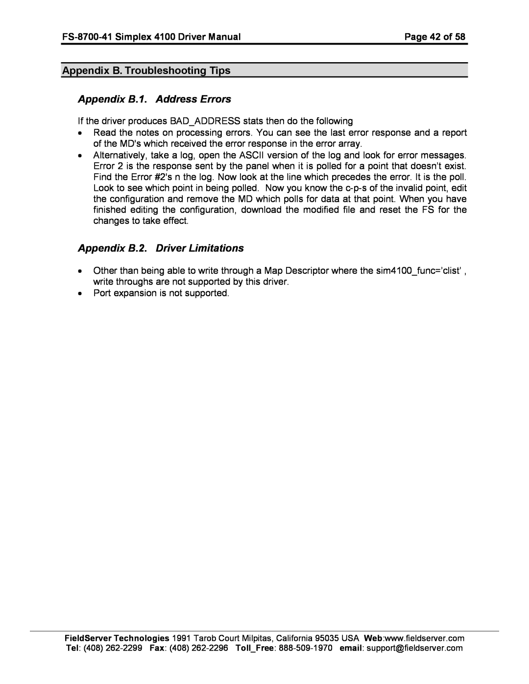 FieldServer FS-8700-41 Appendix B. Troubleshooting Tips, Appendix B.1. Address Errors, Appendix B.2. Driver Limitations 