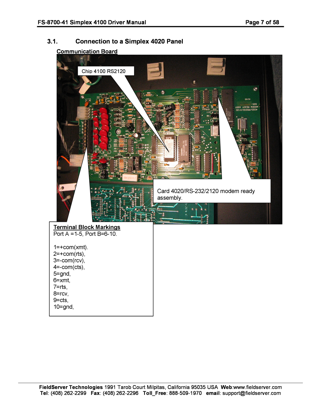 FieldServer FS-8700-41 Connection to a Simplex 4020 Panel, Card4020/RS232/2120modemready, Chip4100 RS2120, Tel4082622299 