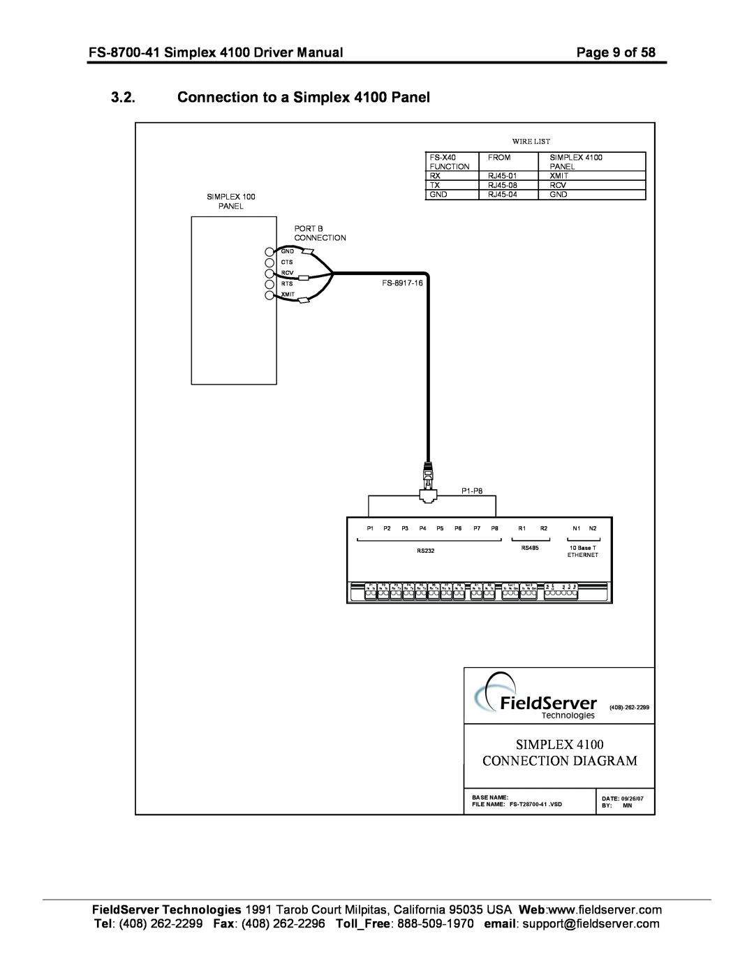 FieldServer FS-8700-41 Connection to a Simplex 4100 Panel, Simplex Connection Diagram, Tel4082622299, Fax4082622296 