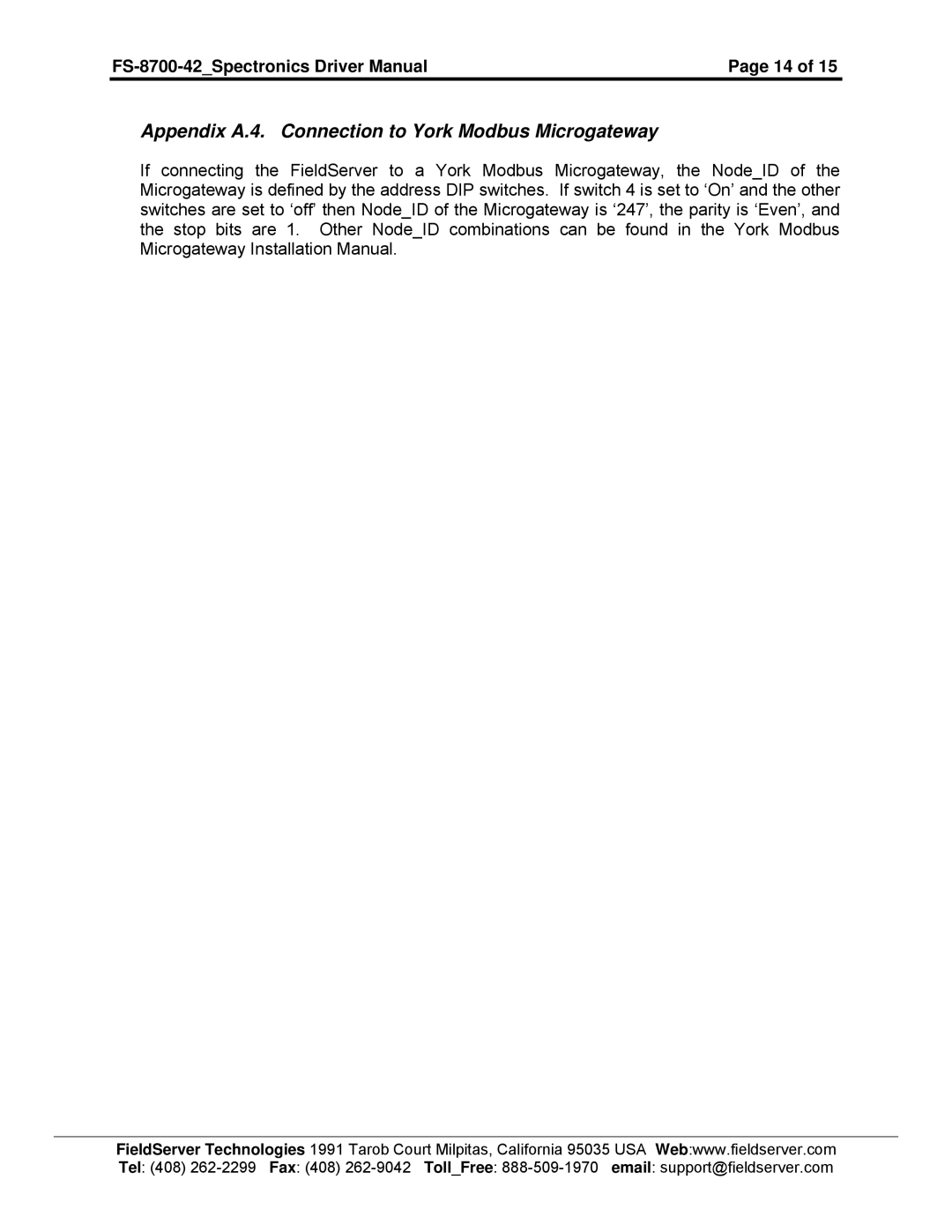 FieldServer FS-8700-42 instruction manual Appendix A.4. Connection to York Modbus Microgateway 