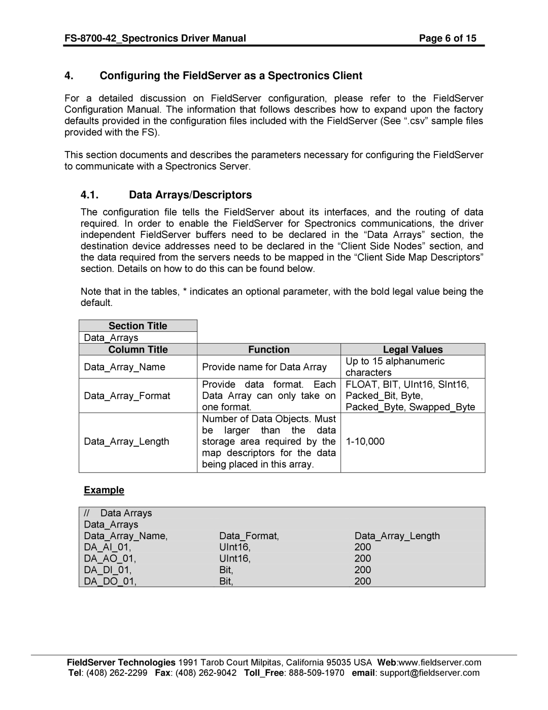 FieldServer FS-8700-42 Configuring the FieldServer as a Spectronics Client, Data Arrays/Descriptors, Section Title 