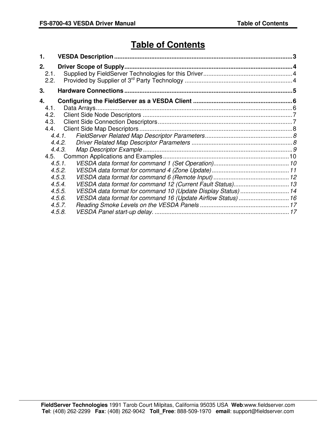 FieldServer FS-8700-43 instruction manual Table of Contents 