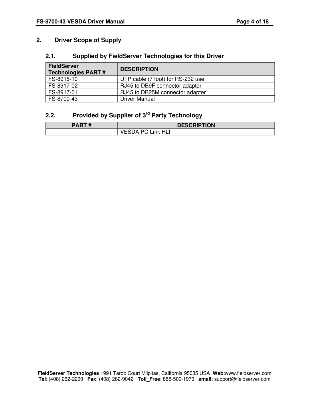 FieldServer FS-8700-43 instruction manual Provided by Supplier of 3rd Party Technology, FieldServer, Technologies 