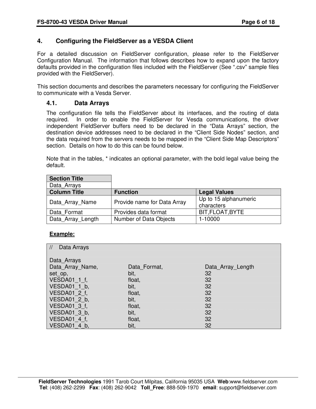 FieldServer FS-8700-43 Configuring the FieldServer as a Vesda Client, Data Arrays, Section Title, Example 