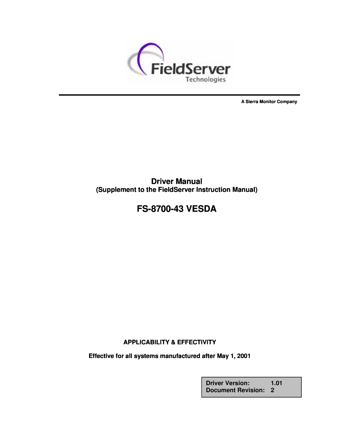 FieldServer instruction manual FS-8700-43 VESDA, Supplement to the FieldServer Instruction Manual, Driver Manual 