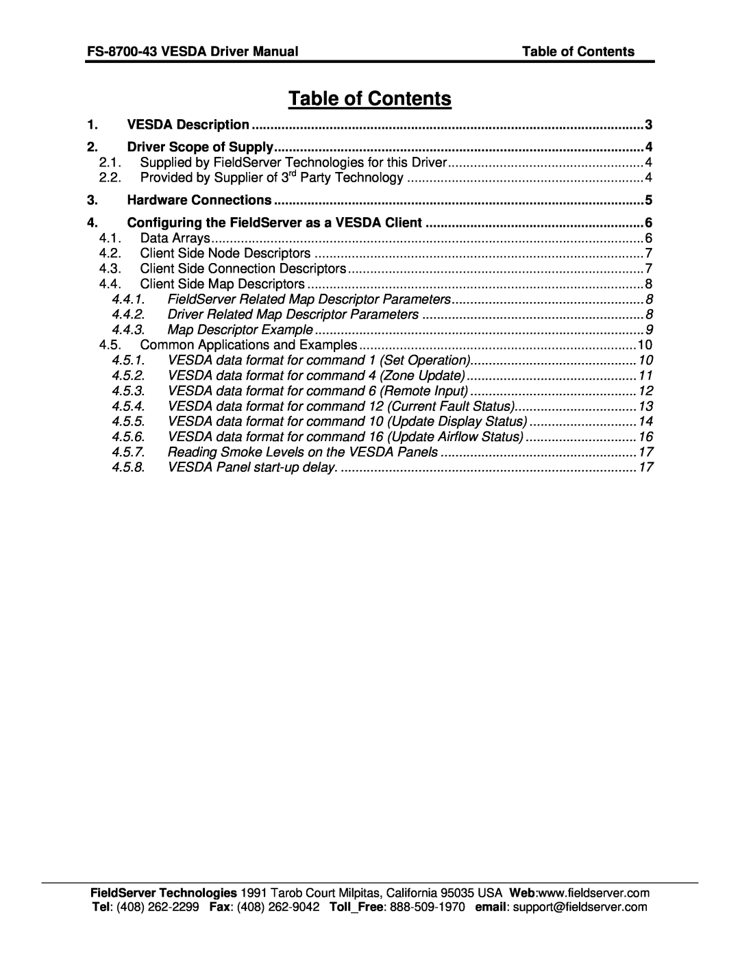 FieldServer Table of Contents, FS-8700-43 VESDA Driver Manual, VESDA Description, Driver Scope of Supply 