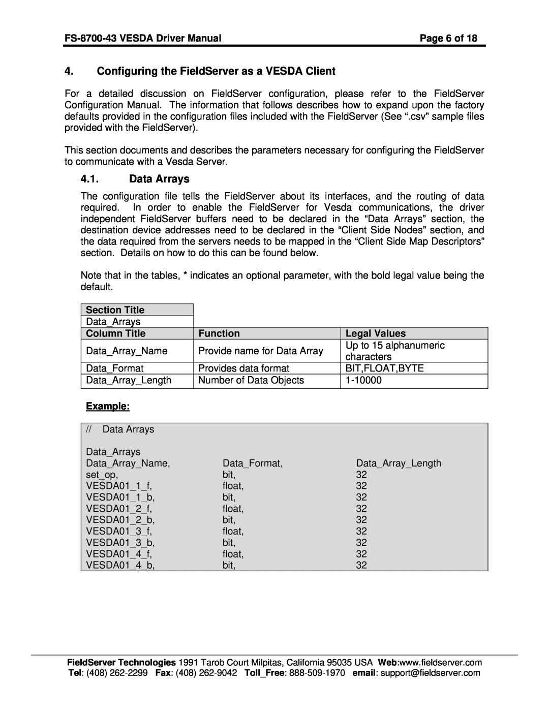 FieldServer Configuring the FieldServer as a VESDA Client, Data Arrays, FS-8700-43 VESDA Driver Manual, Page 6 of 