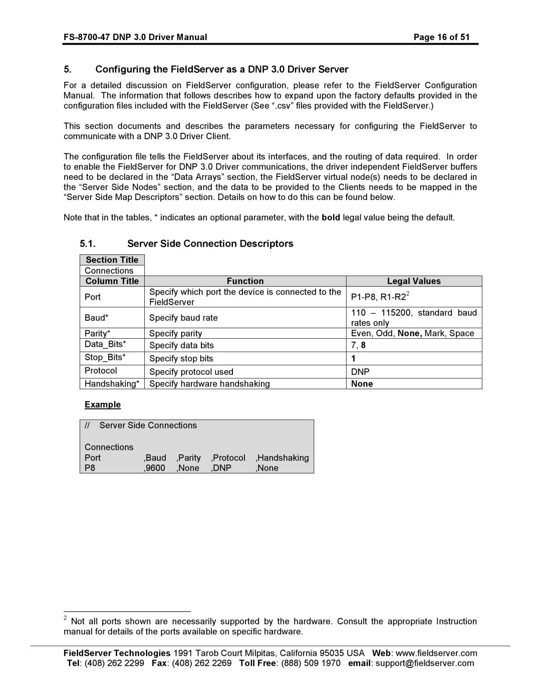 FieldServer FS-8700-47 Configuring the FieldServer as a DNP 3.0 Driver Server, Server Side Connection Descriptors 