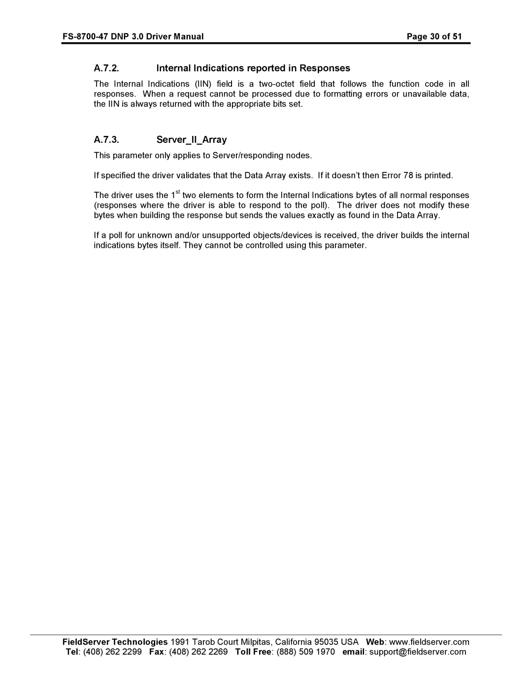 FieldServer FS-8700-47 instruction manual Internal Indications reported in Responses, ServerIIArray 