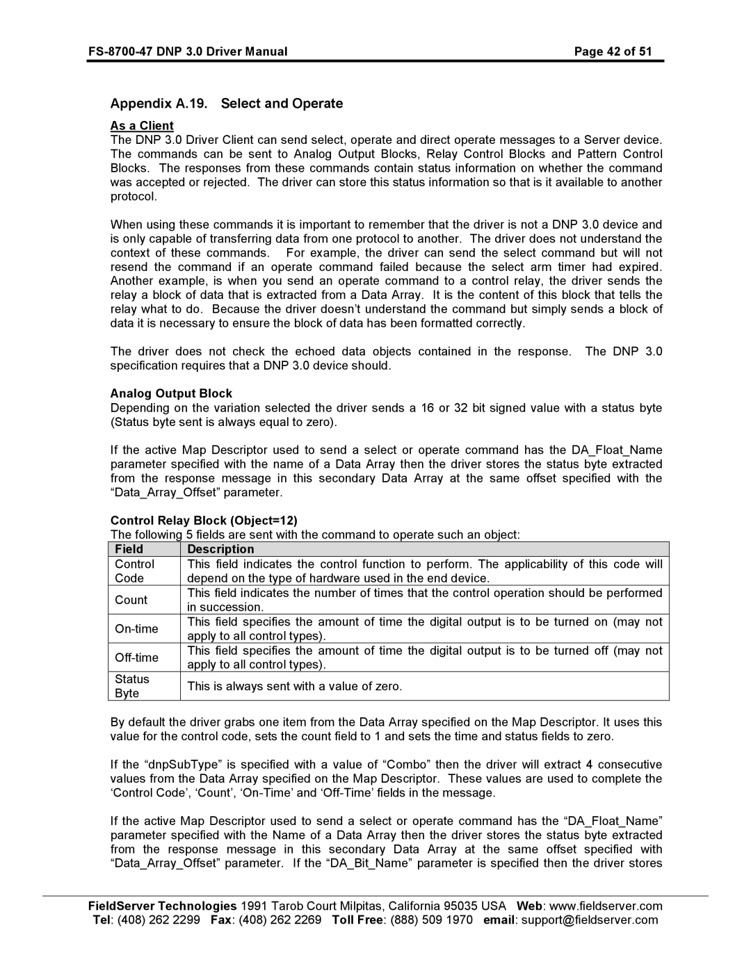 FieldServer FS-8700-47 instruction manual Appendix A.19. Select and Operate 