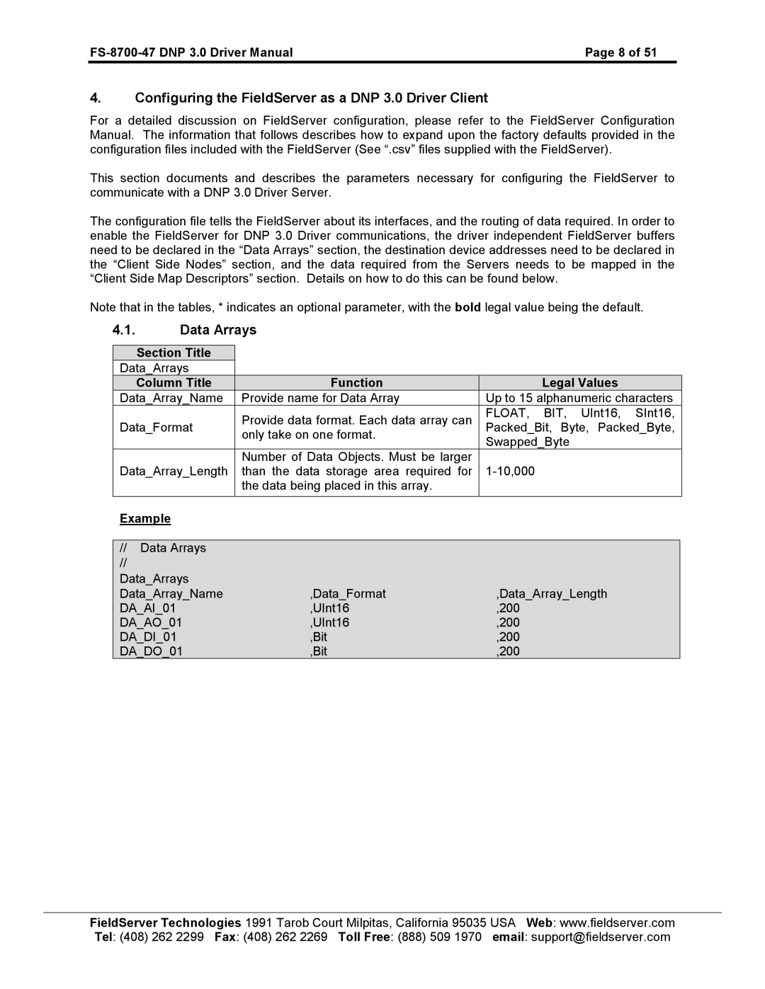 FieldServer FS-8700-47 instruction manual Configuring the FieldServer as a DNP 3.0 Driver Client, Data Arrays 