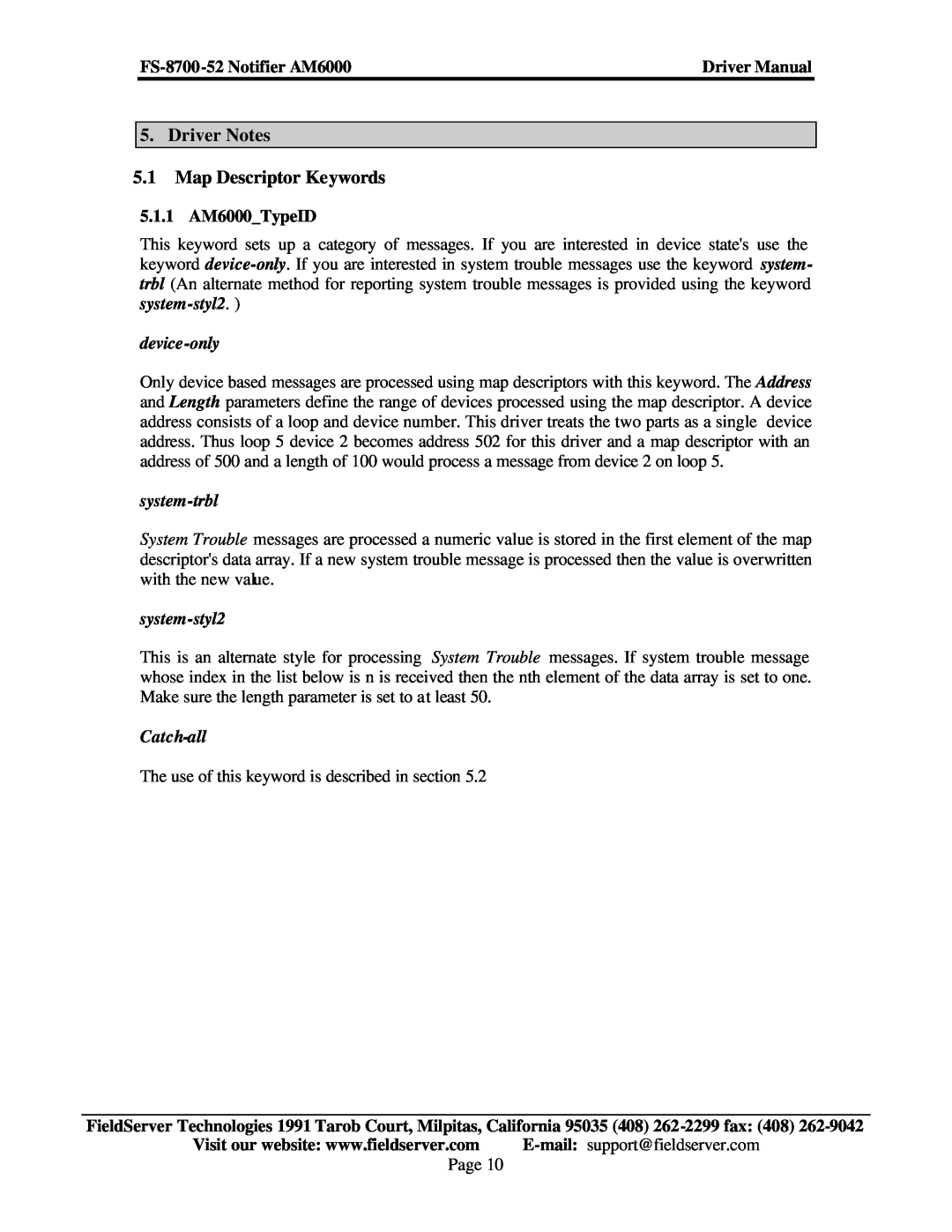 FieldServer Driver Notes 5.1 Map Descriptor Keywords, 5.1.1 AM6000TypeID, FS-8700-52 Notifier AM6000, Driver Manual 