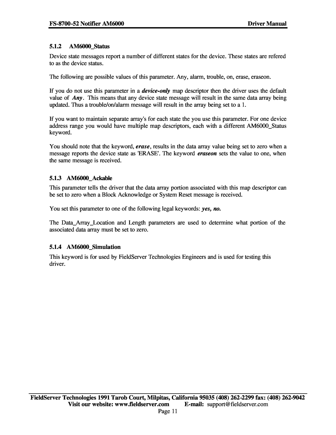 FieldServer 5.1.2 AM6000Status, 5.1.3 AM6000Ackable, 5.1.4 AM6000Simulation, FS-8700-52 Notifier AM6000, Driver Manual 