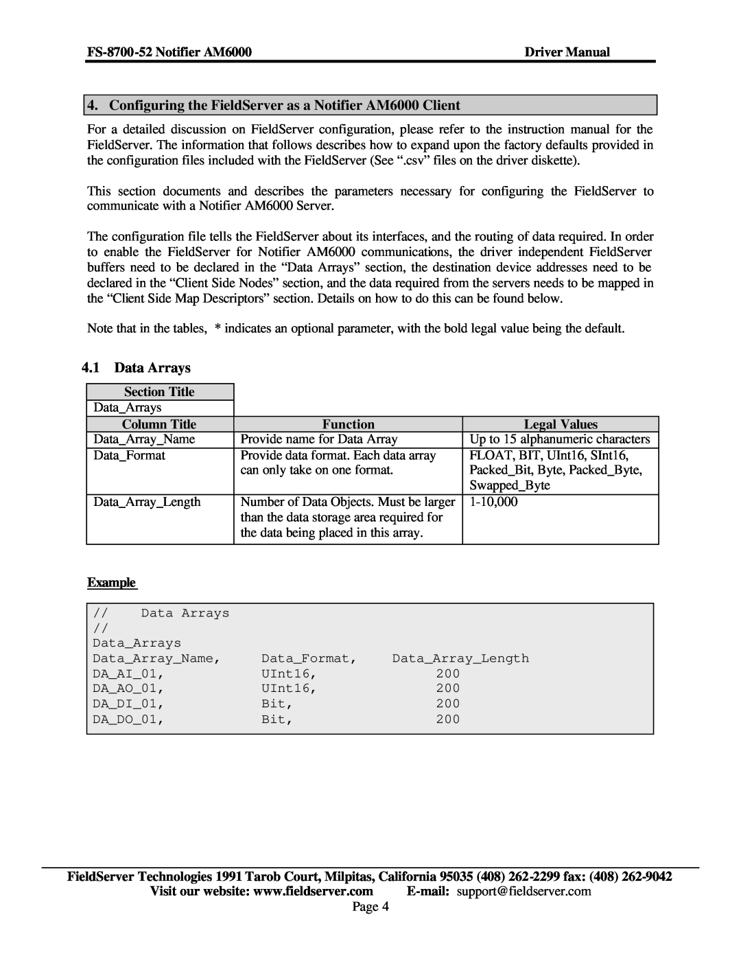 FieldServer FS-8700-52 Configuring the FieldServer as a Notifier AM6000 Client, Data Arrays, Section Title, Column Title 