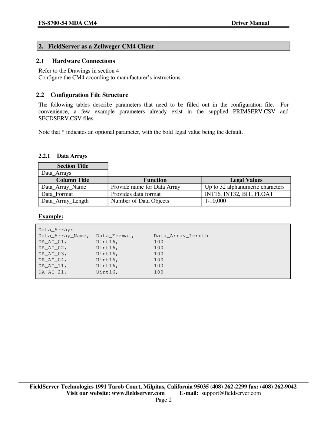 FieldServer FS-8700-54 FieldServer as a Zellweger CM4 Client Hardware Connections, Configuration File Structure, Example 