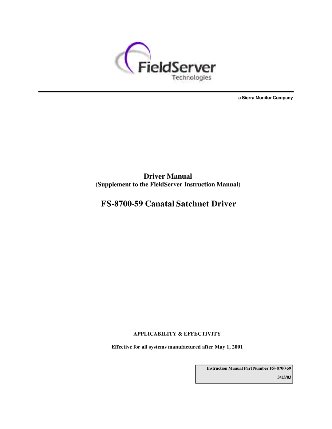 FieldServer instruction manual FS-8700-59 Canatal Satchnet Driver 