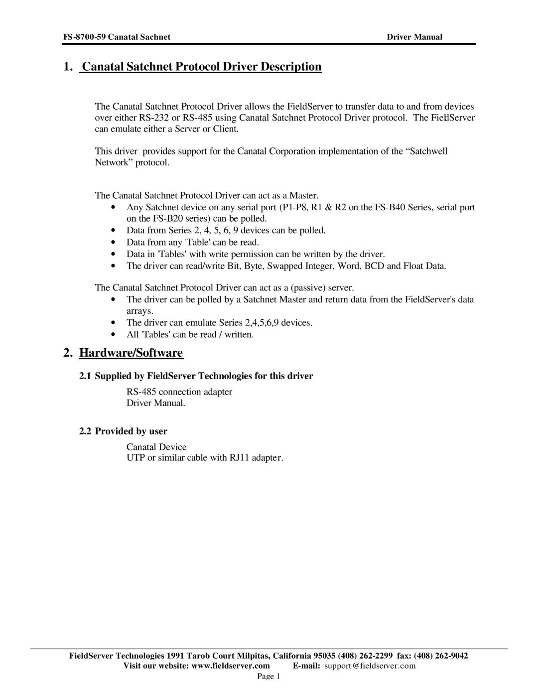 FieldServer FS-8700-59 Supplied by FieldServer Technologies for this driver, RS-485 connection adapter Driver Manual 