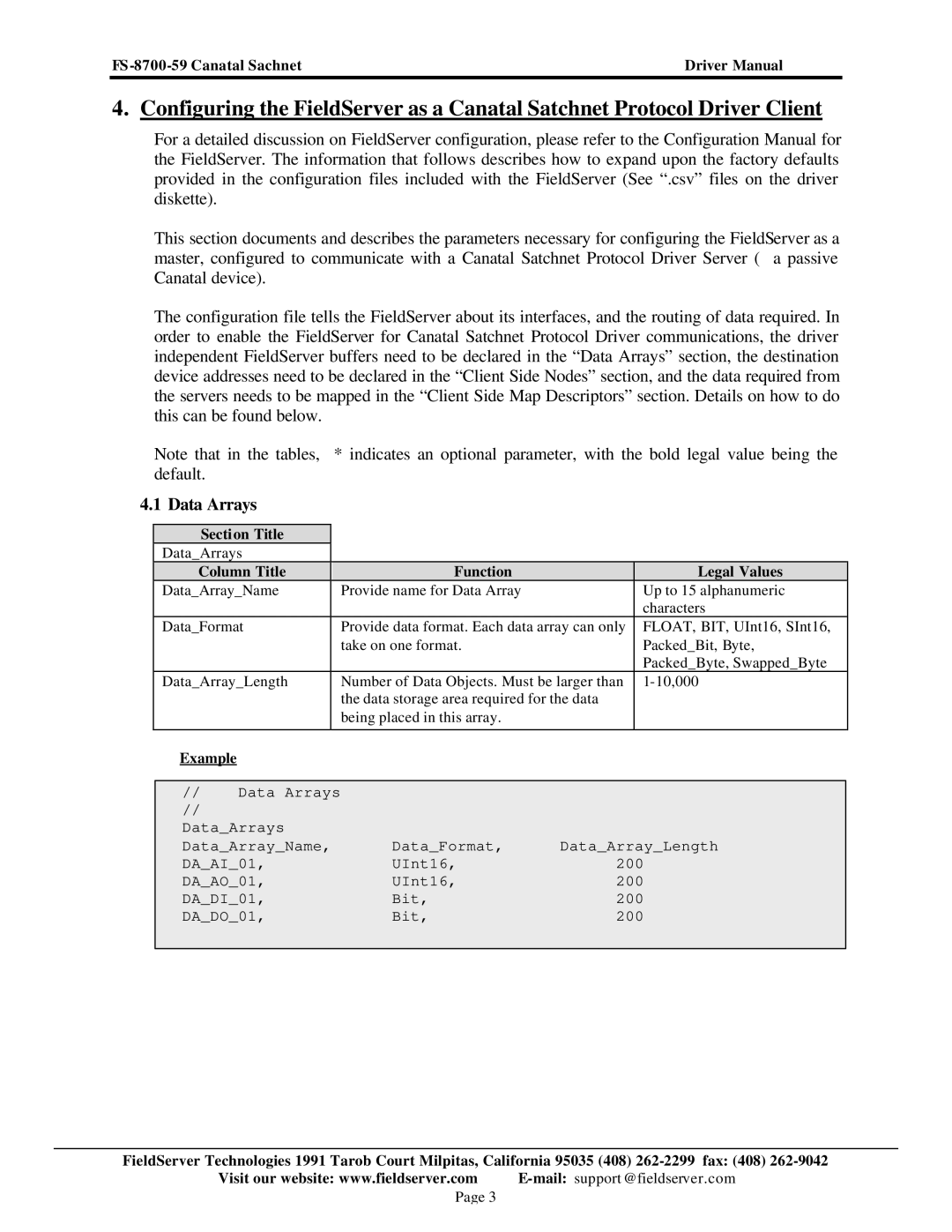 FieldServer FS-8700-59 instruction manual Data Arrays, Column Title Function Legal Values 