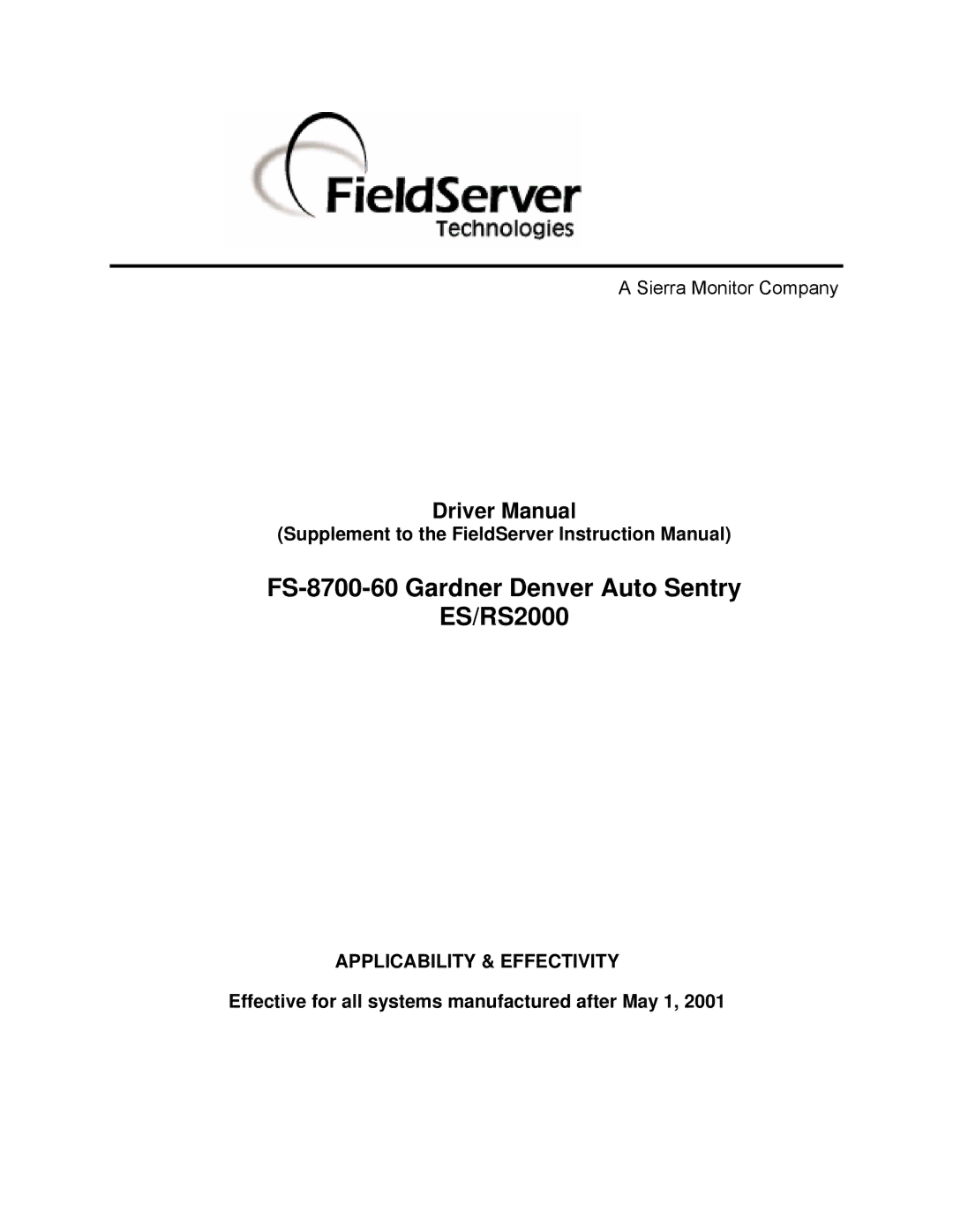 FieldServer instruction manual FS-8700-60 Gardner Denver Auto Sentry ES/RS2000 