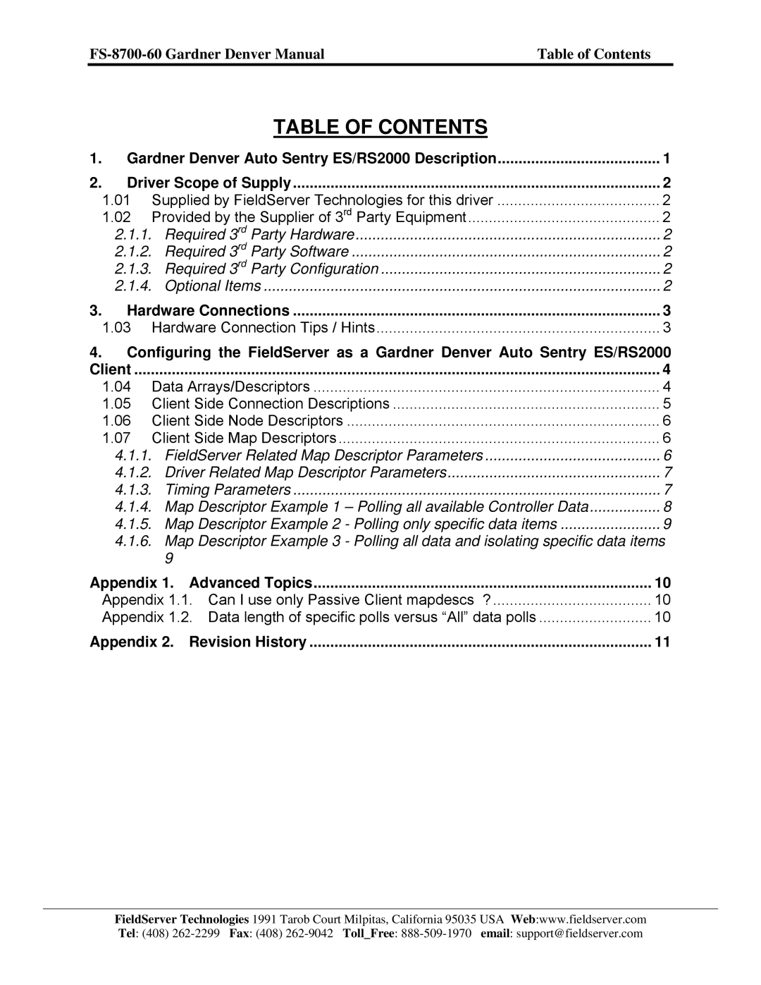 FieldServer FS-8700-60 instruction manual Table of Contents 