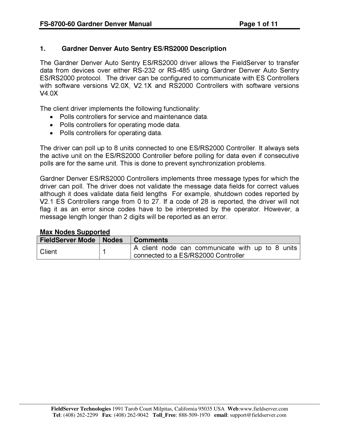 FieldServer FS-8700-60 instruction manual Max Nodes Supported FieldServer Mode Comments 