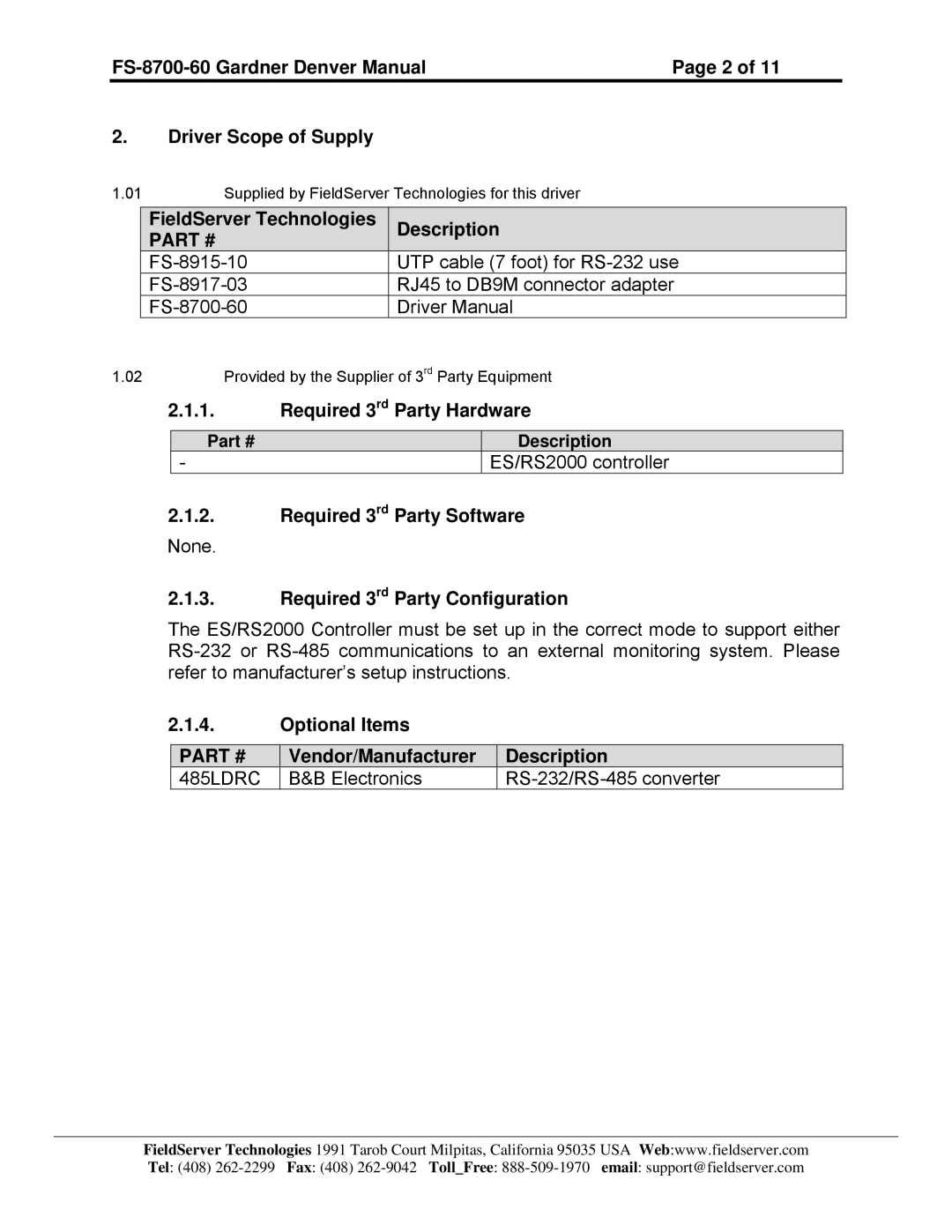 FieldServer FS-8700-60 Gardner Denver Manual Driver Scope of Supply, FieldServer Technologies Description 