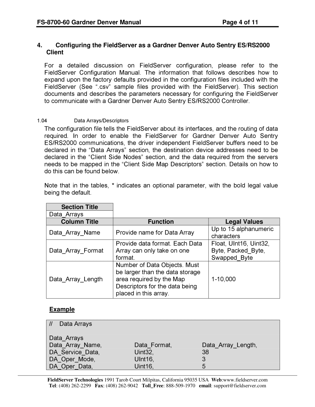 FieldServer FS-8700-60 instruction manual Section Title, Column Title Function Legal Values, Example 