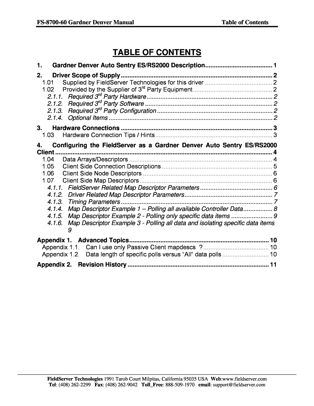 FieldServer FS-8700-60 Table Of Contents, Gardner Denver Auto Sentry ES/RS2000 Description, Driver Scope of Supply, Client 