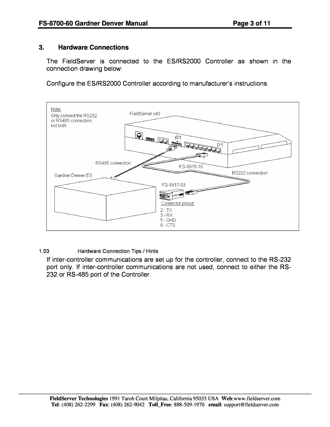 FieldServer Page 3 of, Hardware Connections, FS-8700-60 Gardner Denver Manual, Hardware Connection Tips / Hints 