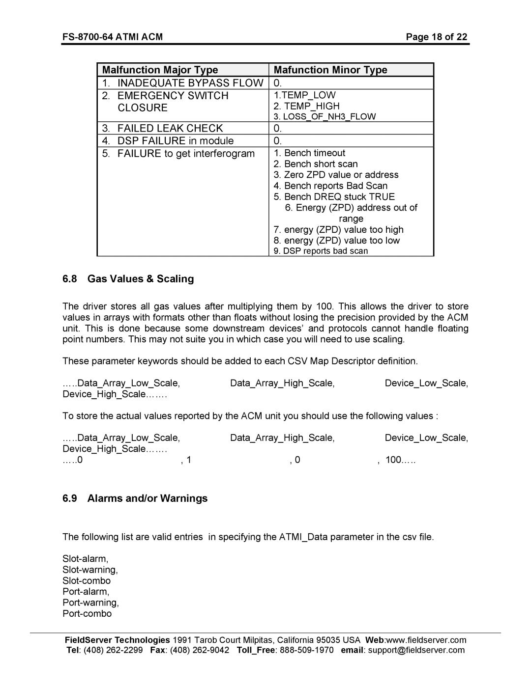 FieldServer FS-8700-64 Malfunction Major Type Mafunction Minor Type, Gas Values & Scaling, Alarms and/or Warnings, Templow 