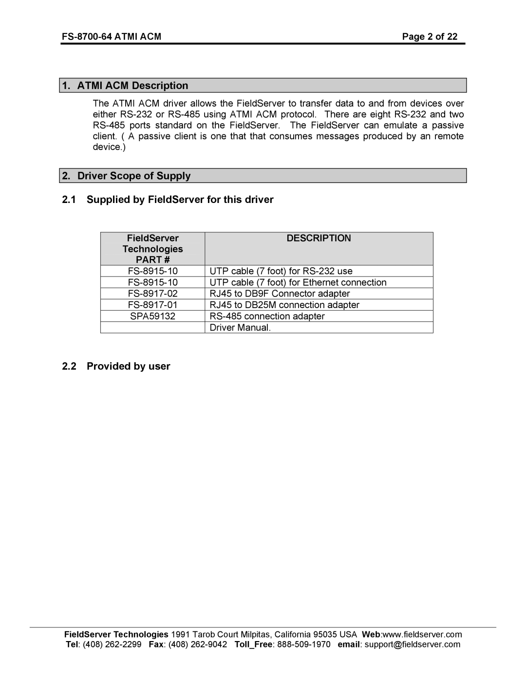 FieldServer instruction manual Atmi ACM Description, Provided by user, FS-8700-64 Atmi ACM, FieldServer, Technologies 