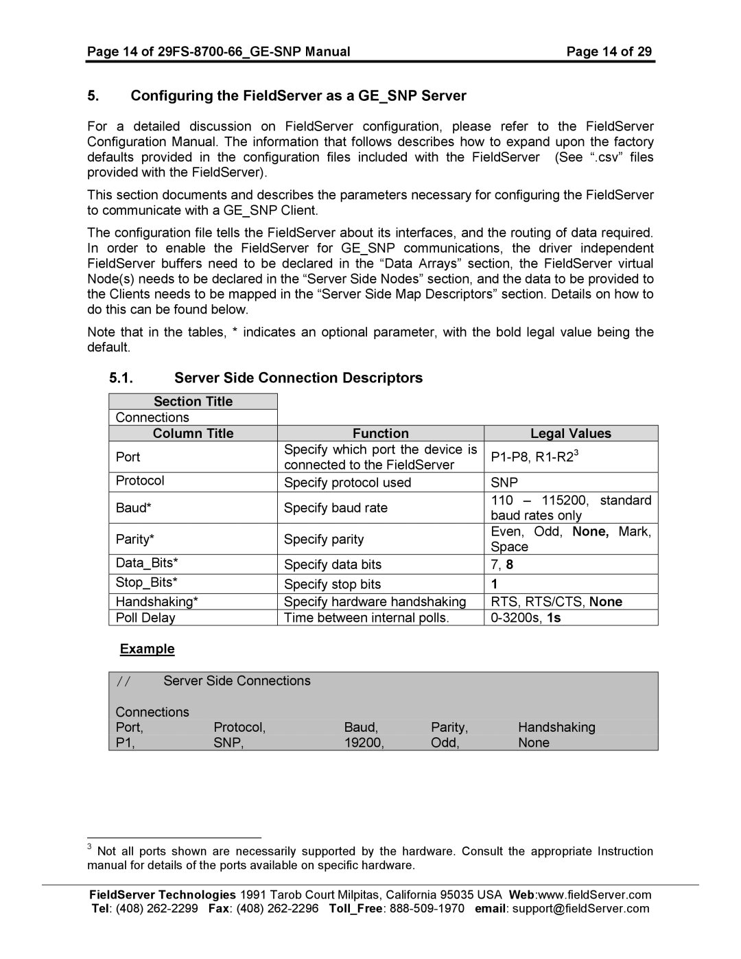 FieldServer FS-8700-66 Configuring the FieldServer as a Gesnp Server, Server Side Connection Descriptors, Odd None 