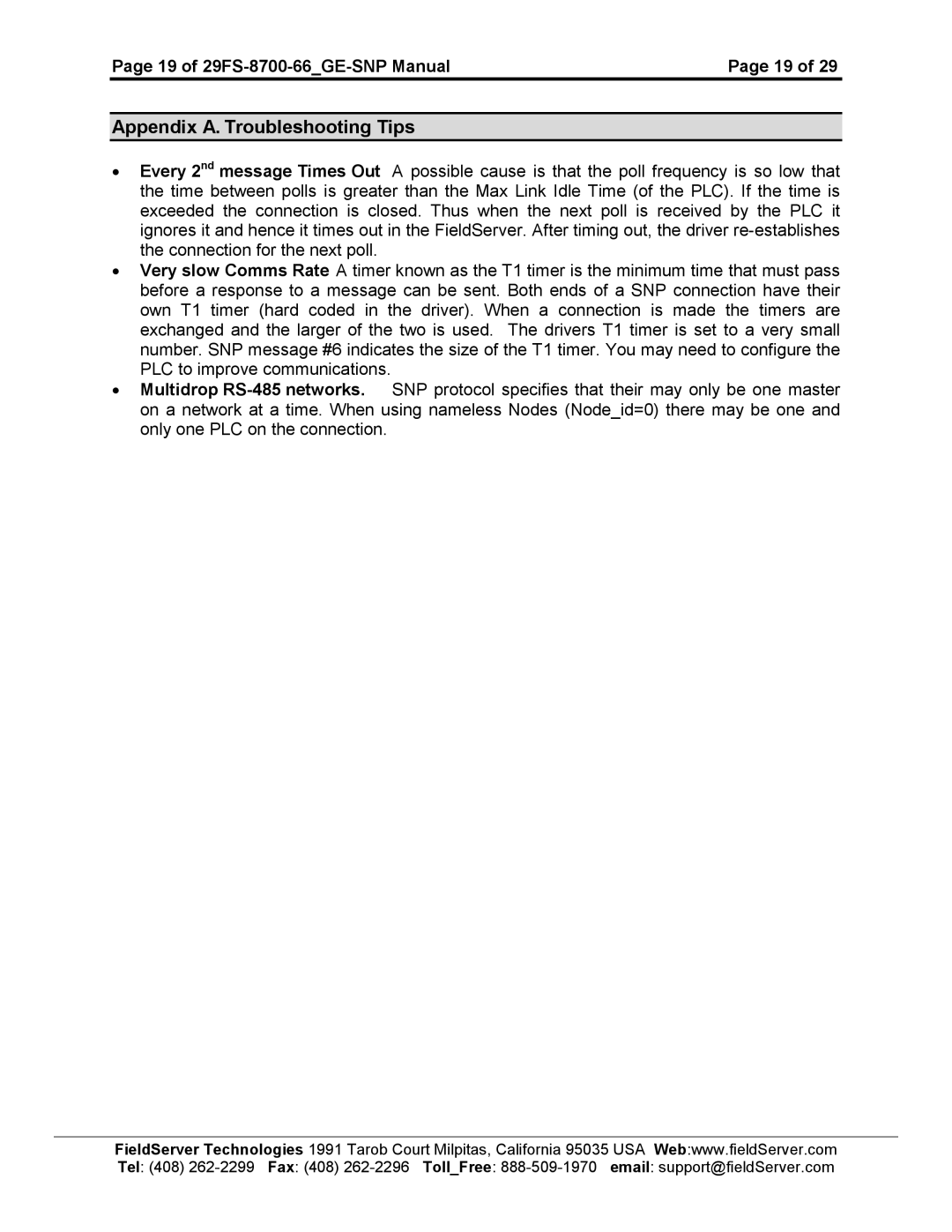 FieldServer instruction manual Appendix A. Troubleshooting Tips, 19 of 29FS-8700-66GE-SNP Manual 