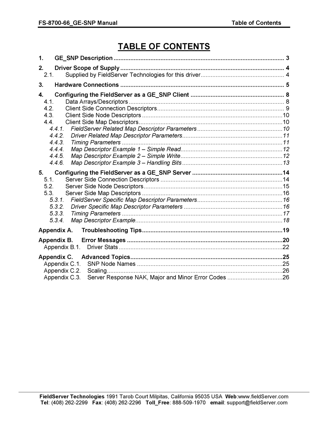 FieldServer FS-8700-66 instruction manual Table of Contents 