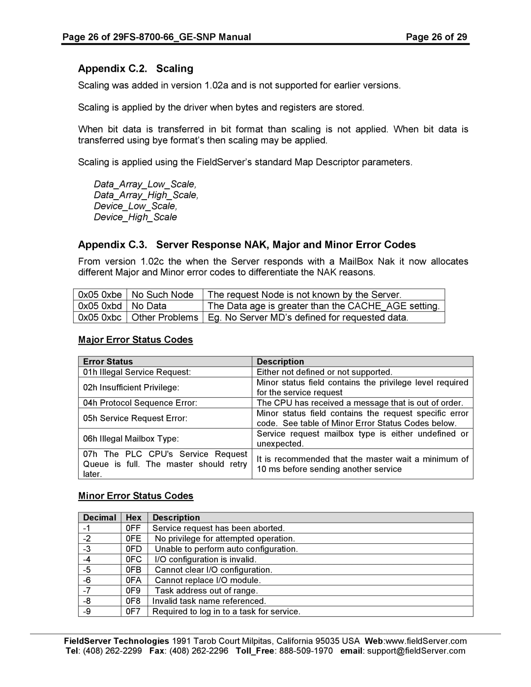 FieldServer instruction manual Appendix C.2. Scaling, 26 of 29FS-8700-66GE-SNP Manual, Minor Error Status Codes 