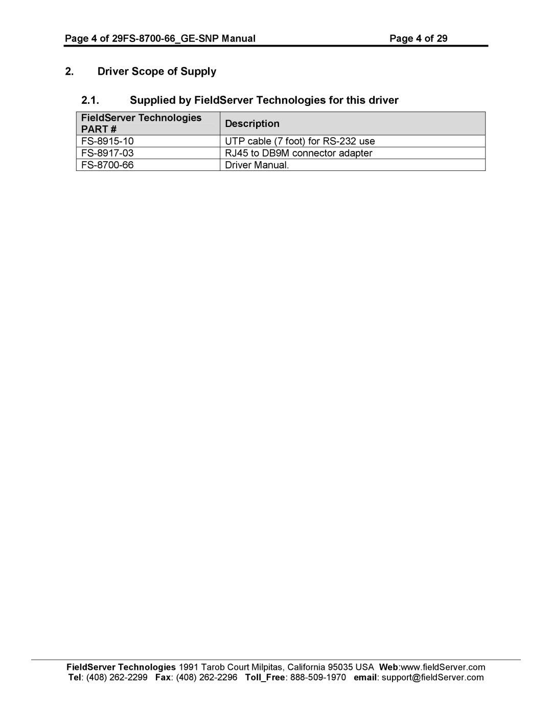 FieldServer instruction manual 4 of 29FS-8700-66GE-SNP Manual 