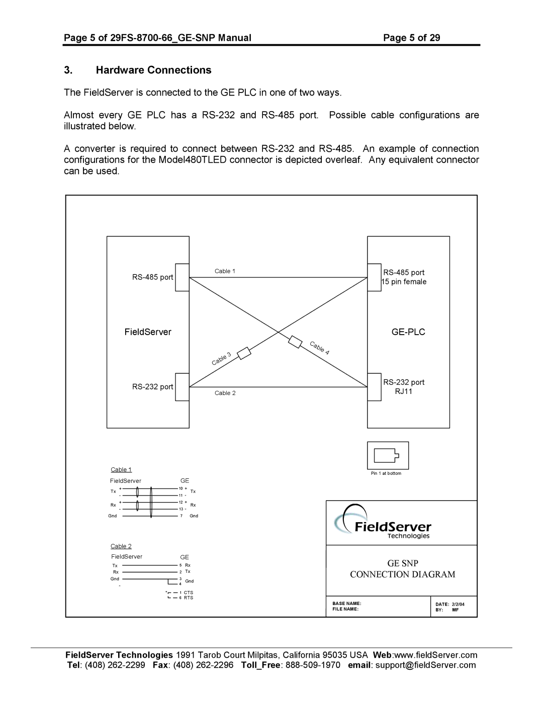 FieldServer instruction manual Hardware Connections, 5 of 29FS-8700-66GE-SNP Manual 