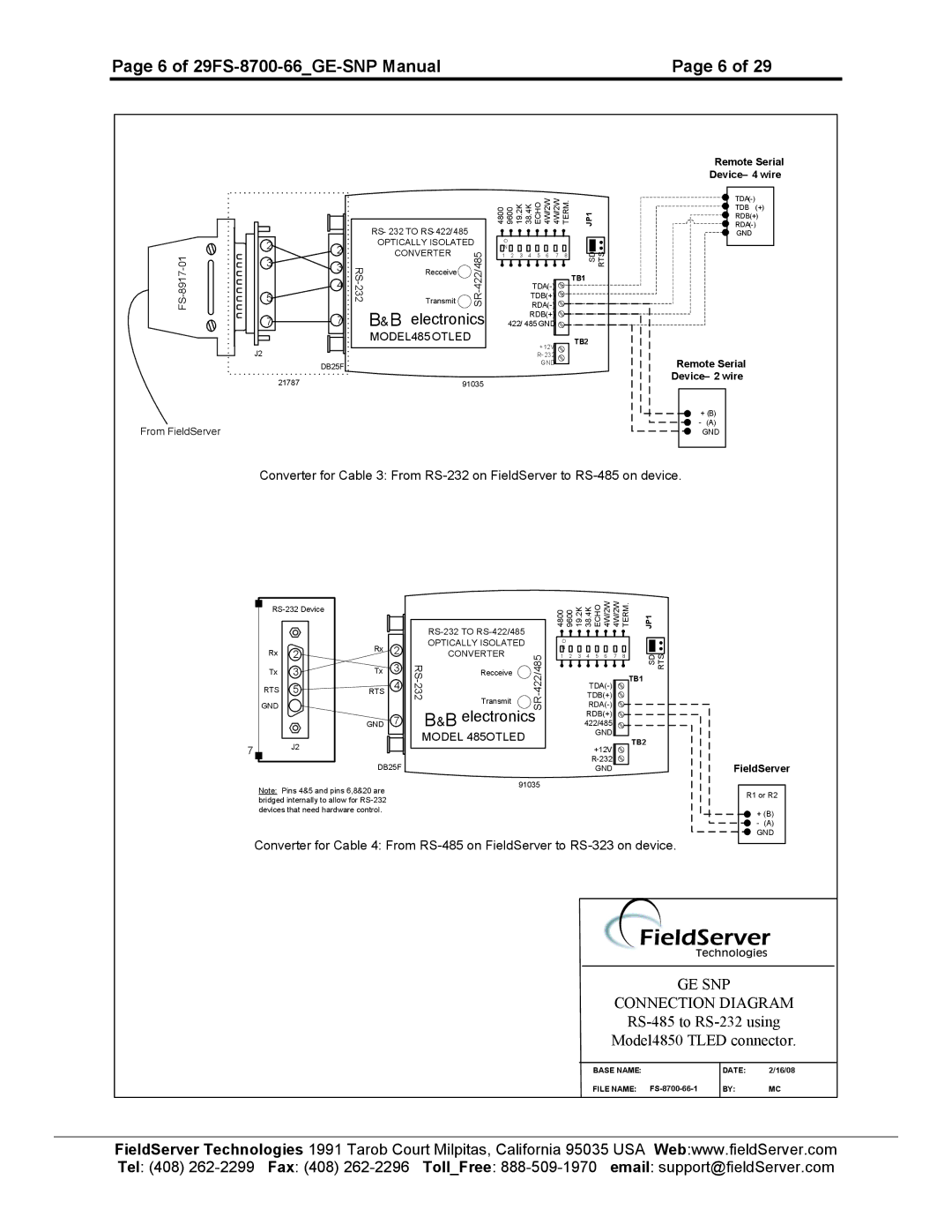 FieldServer instruction manual 6 of 29FS-8700-66GE-SNP Manual, FS-8917-01 From FieldServer 