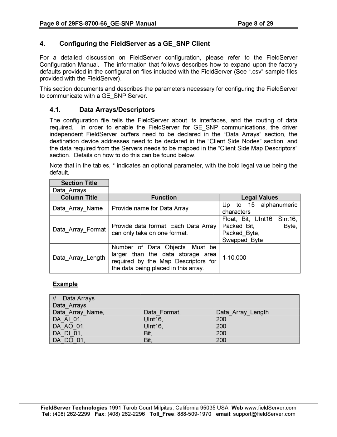 FieldServer FS-8700-66 instruction manual Configuring the FieldServer as a Gesnp Client, Data Arrays/Descriptors 