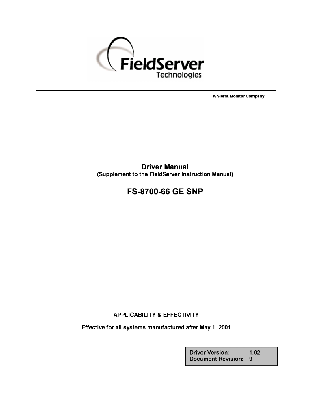 FieldServer instruction manual FS-8700-66 GE SNP, Driver Manual 