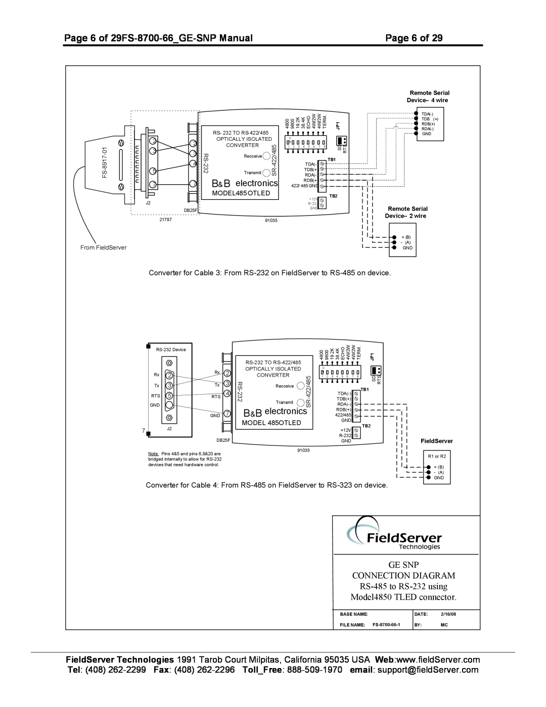 FieldServer FS-8700-66 GE SNP CONNECTION DIAGRAM RS-485 to RS-232 using, MODEL485OTLED, FS-8917-01 From FieldServer 