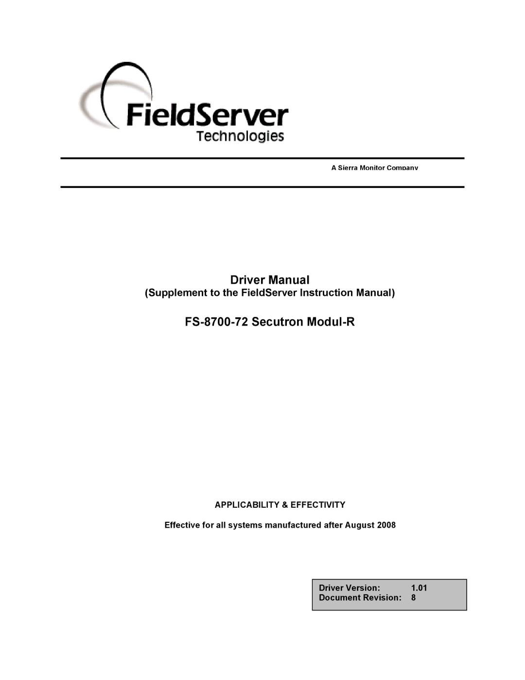 FieldServer instruction manual Driver Manual FS-8700-72 Secutron Modul-R 