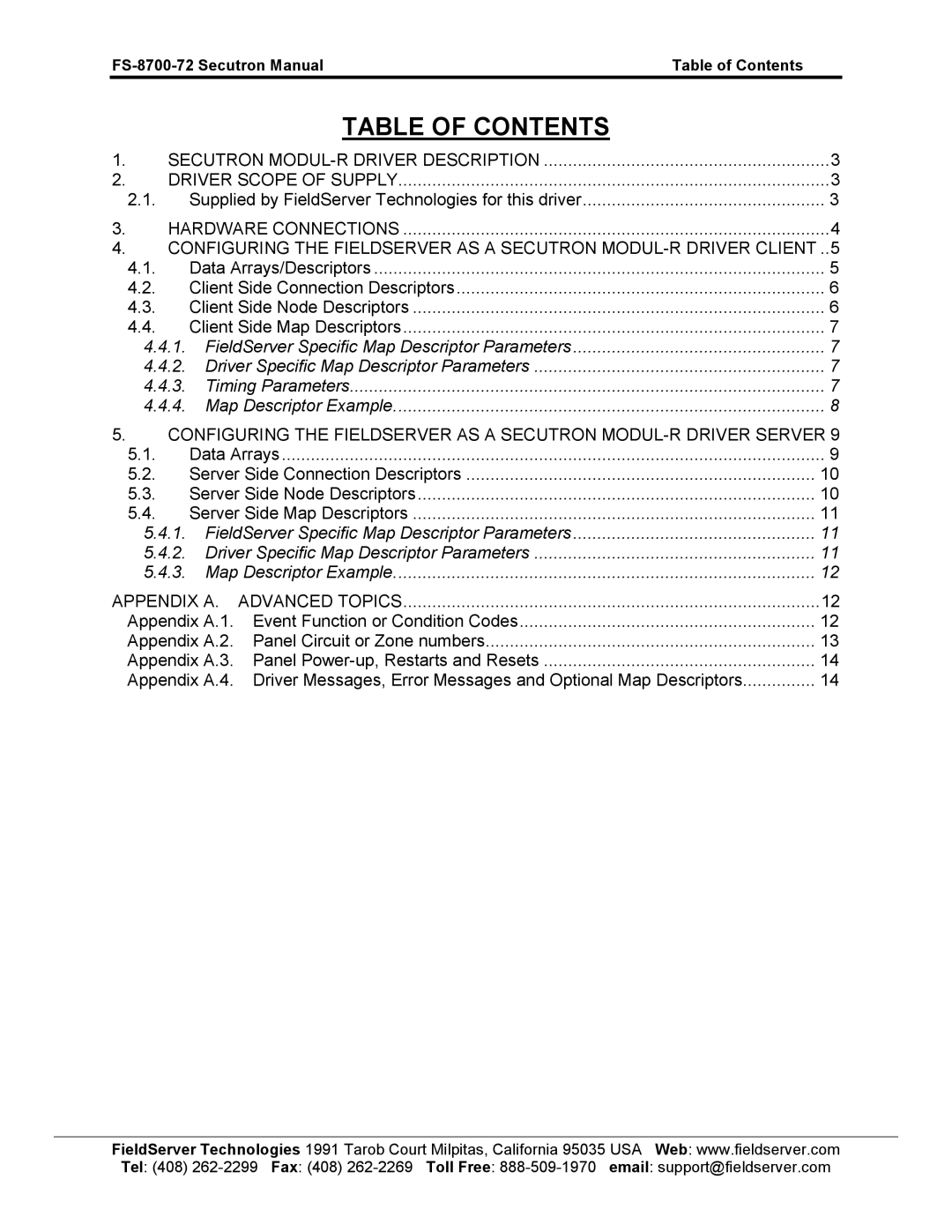 FieldServer FS-8700-72 instruction manual Table of Contents 